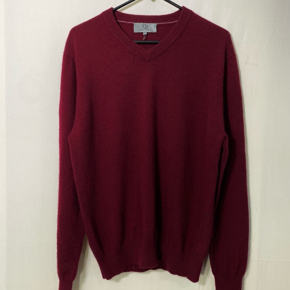 Qi New York Maroon Large V-Neck 100% Cashmere Sweater